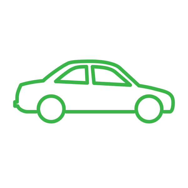 Green outline icon of a medium size sedan car. Car Offset - MEDIUM (4.3 tonnes of CO2-e)