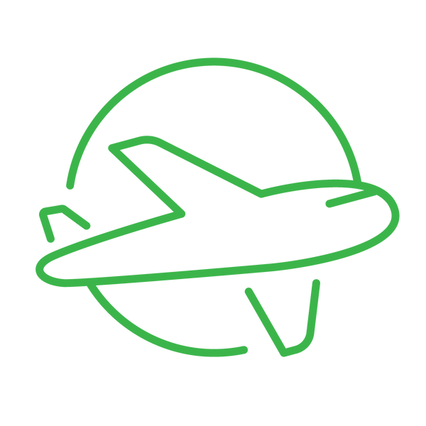 Green icon of airplane. Flight Offset - INTERNATIONAL SHORT Return Flight (4.3 tonnes of CO2-e)
