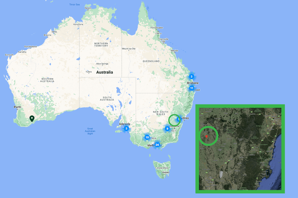 Map of Australia with green circle around where Coopers Crossing is located.