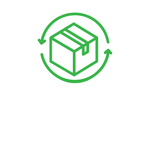 Green outline icon of a delivery box with arrows circled around